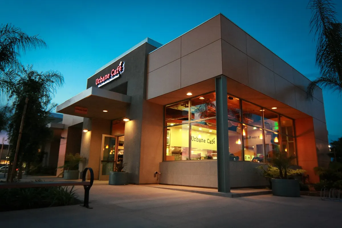 Urbane Cafe Oxnard building on East Gonzales Road in the evening